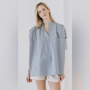 Laude the Label Split Neck Top Oversized Chambray Cotton Shirt Size S/M